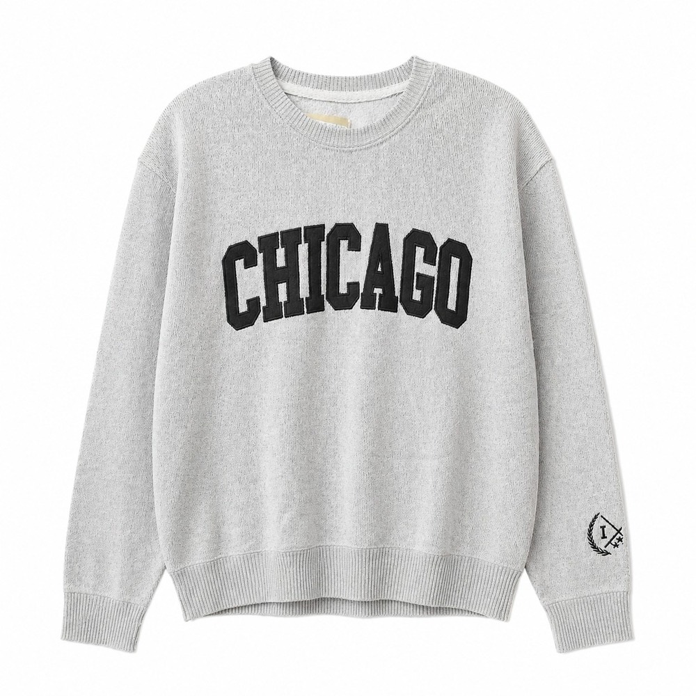 NEW YORK POPULAR "Chicago" Crewneck Sweater Sz L Gray Black Streetwear Luxe EUC